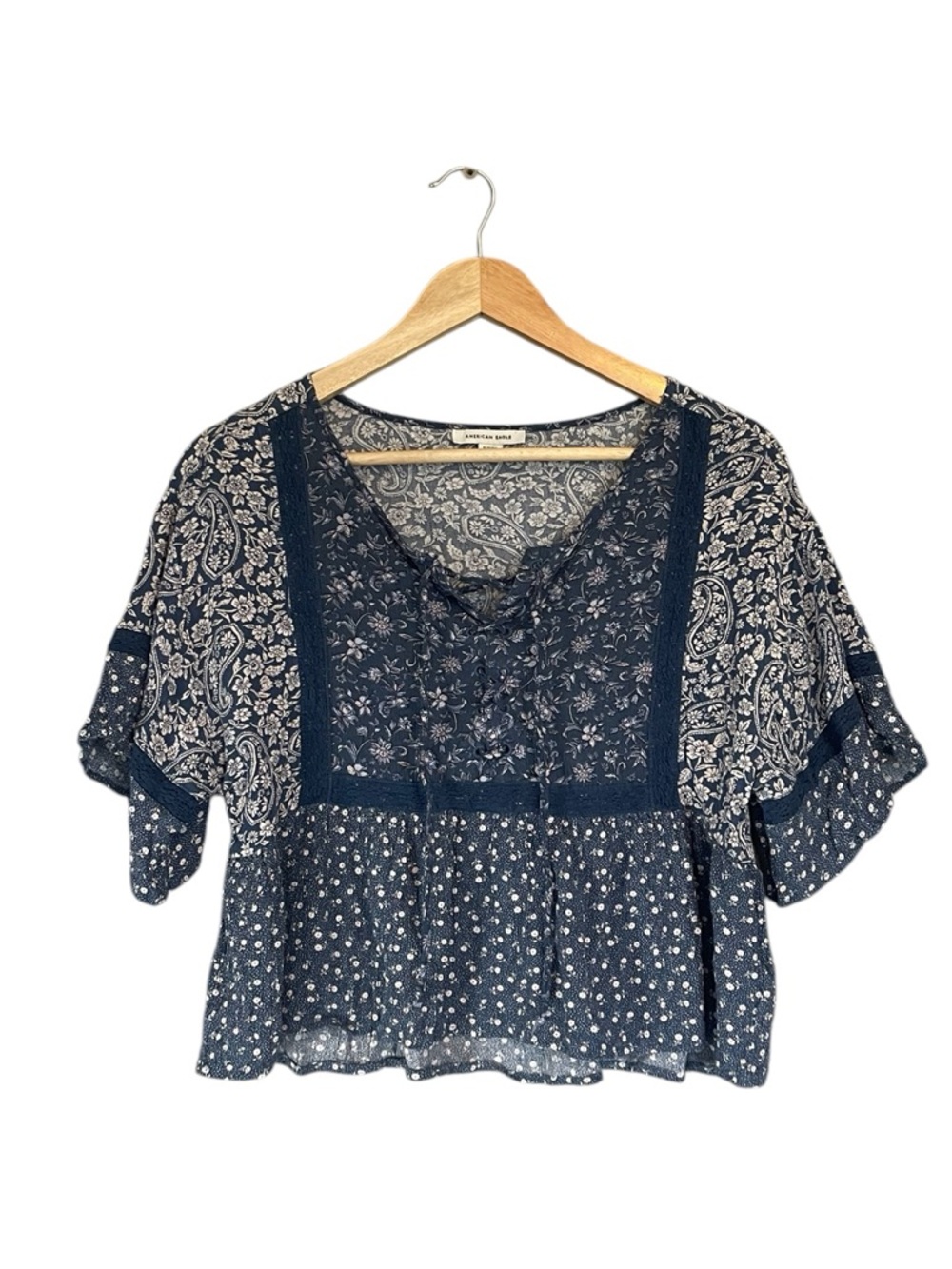 AE Floral Lace-Up Flutter-Sleeve Blouse